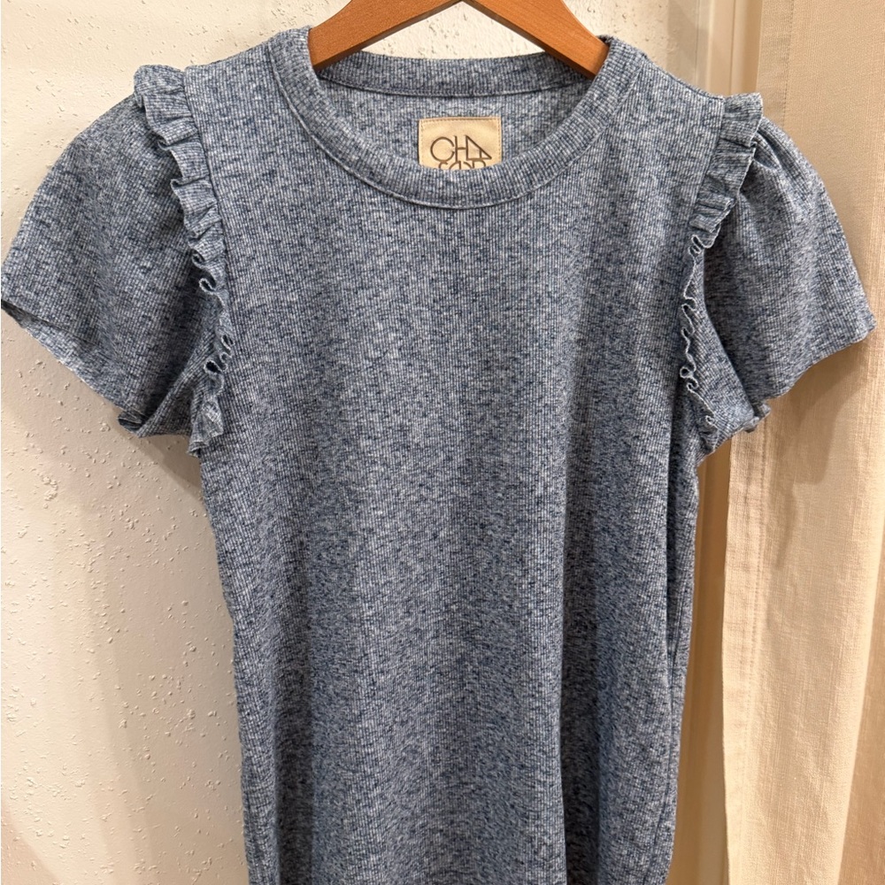 CHASER Ruffled Sleeve Blue Gray Knit Top S New